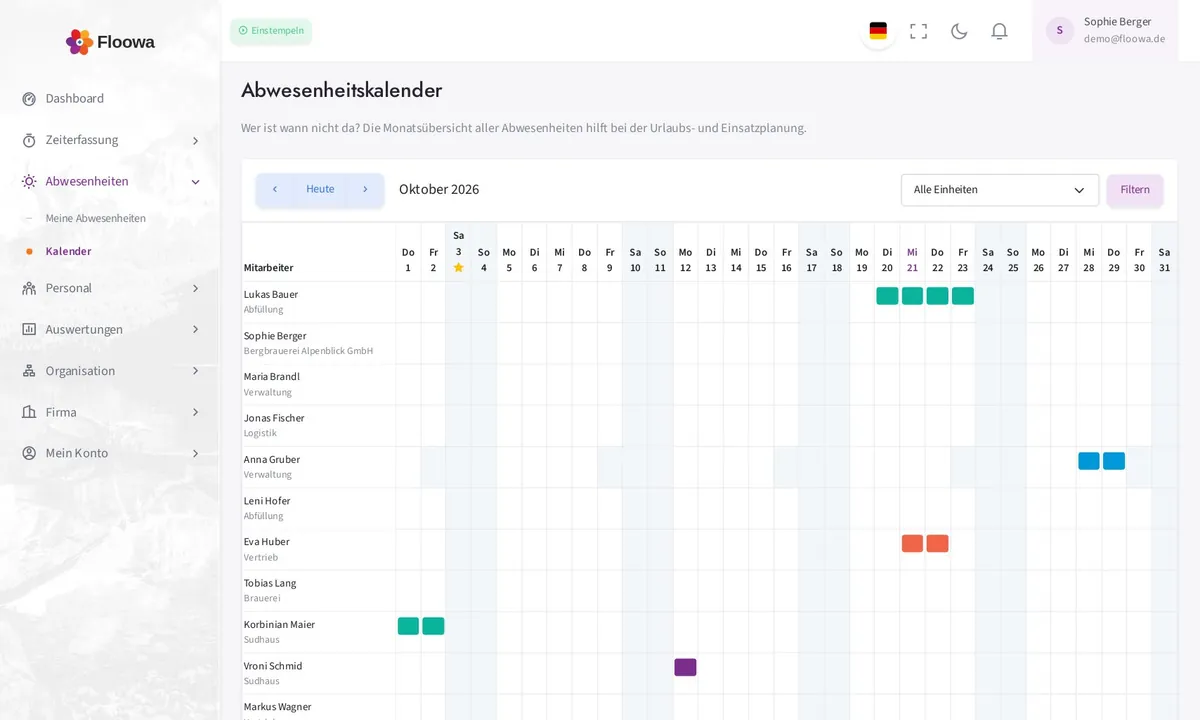 Abwesenheitskalender in Floowa
