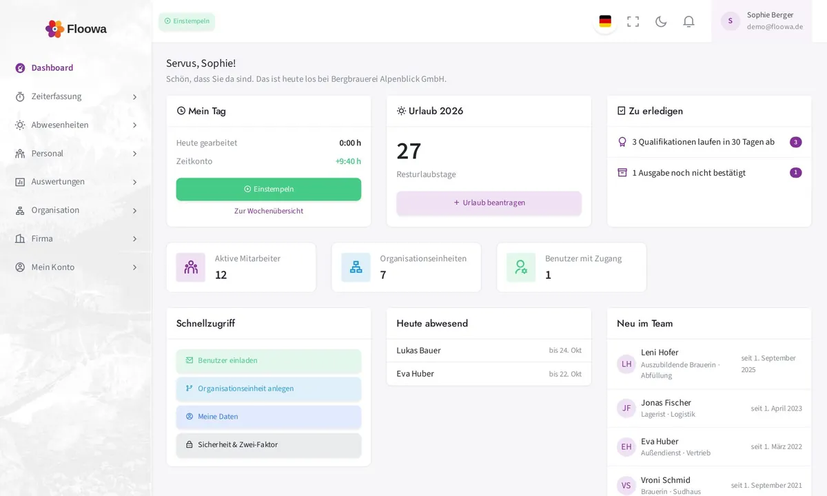 Floowa-Dashboard mit Tagesübersicht, Resturlaub und Aufgaben