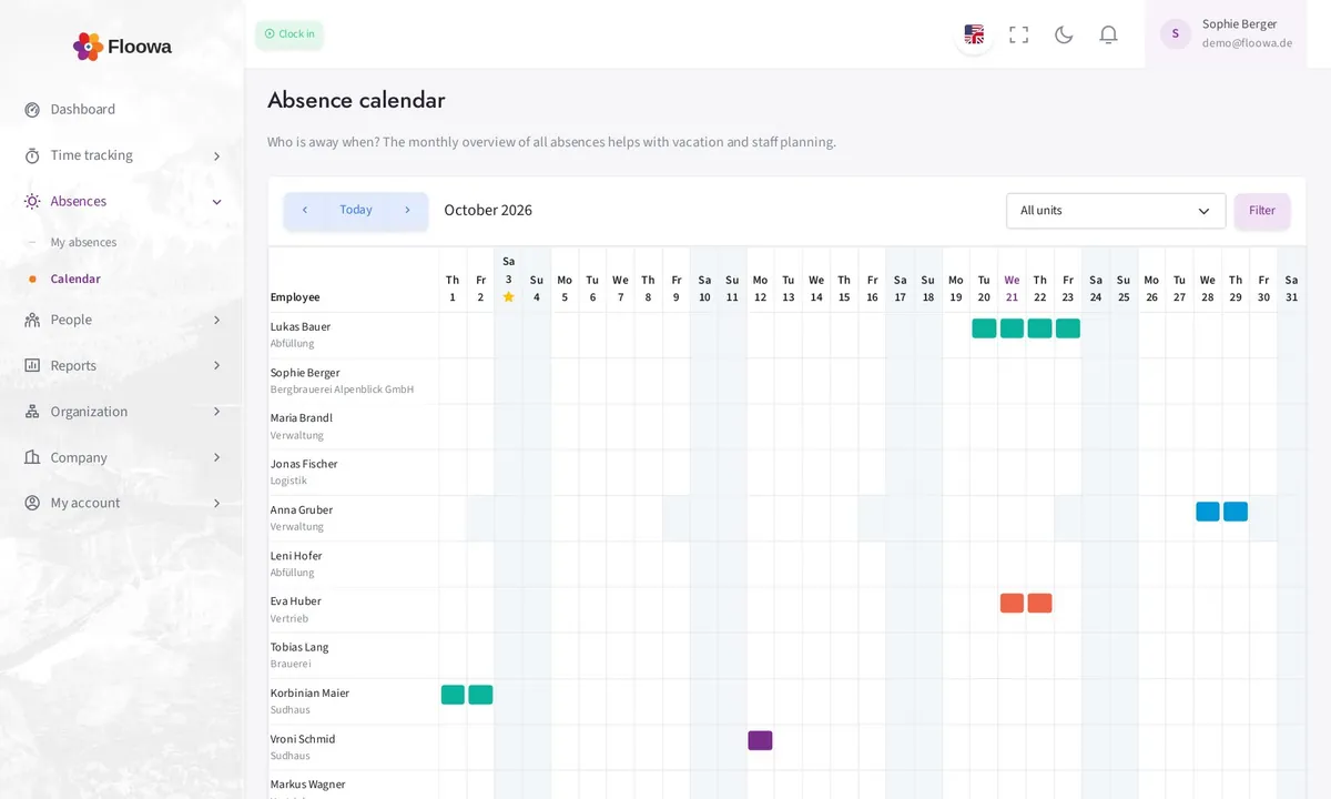 Absence calendar in Floowa