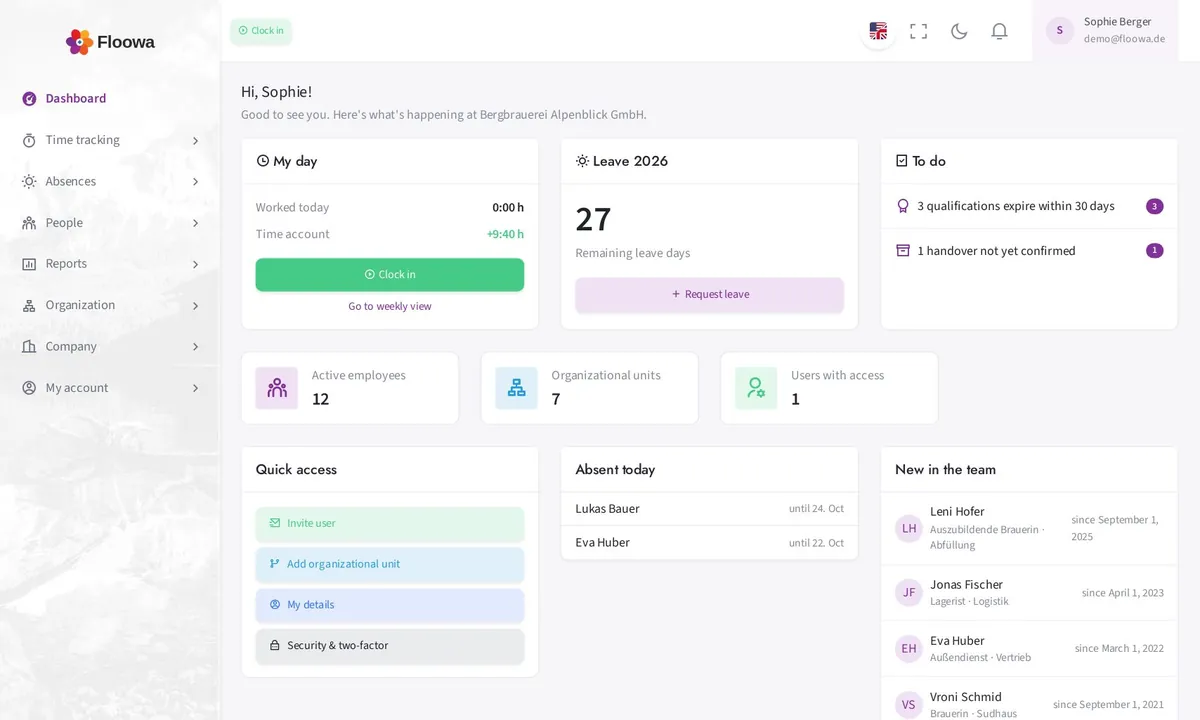 Floowa dashboard with daily overview, remaining leave and tasks